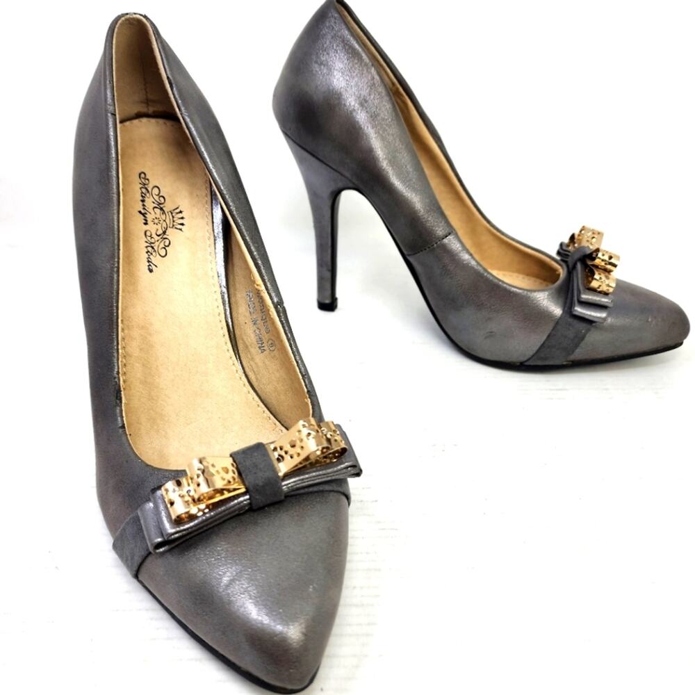 Marilyn Moda Grey Pumps Heels Gold Bow Work Party Cocktails Women's Gift‎ Size 6
